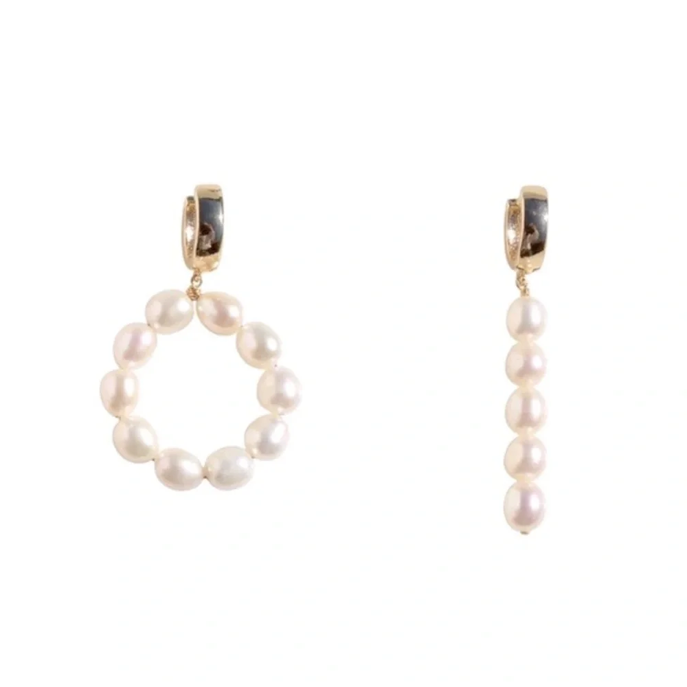 Mismatched Genuine Freshwater Pearl Earring Set Statement Gold Hoops Earrings - Picture 1 of 12